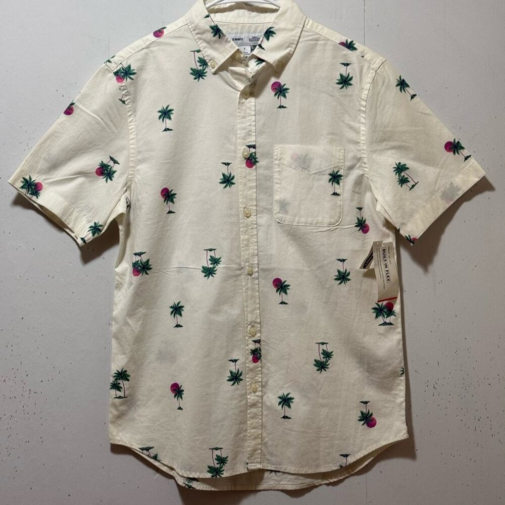 Old Navy White Palm Tree Print Short Sleeve Button Down Shirt Men’s Sz S